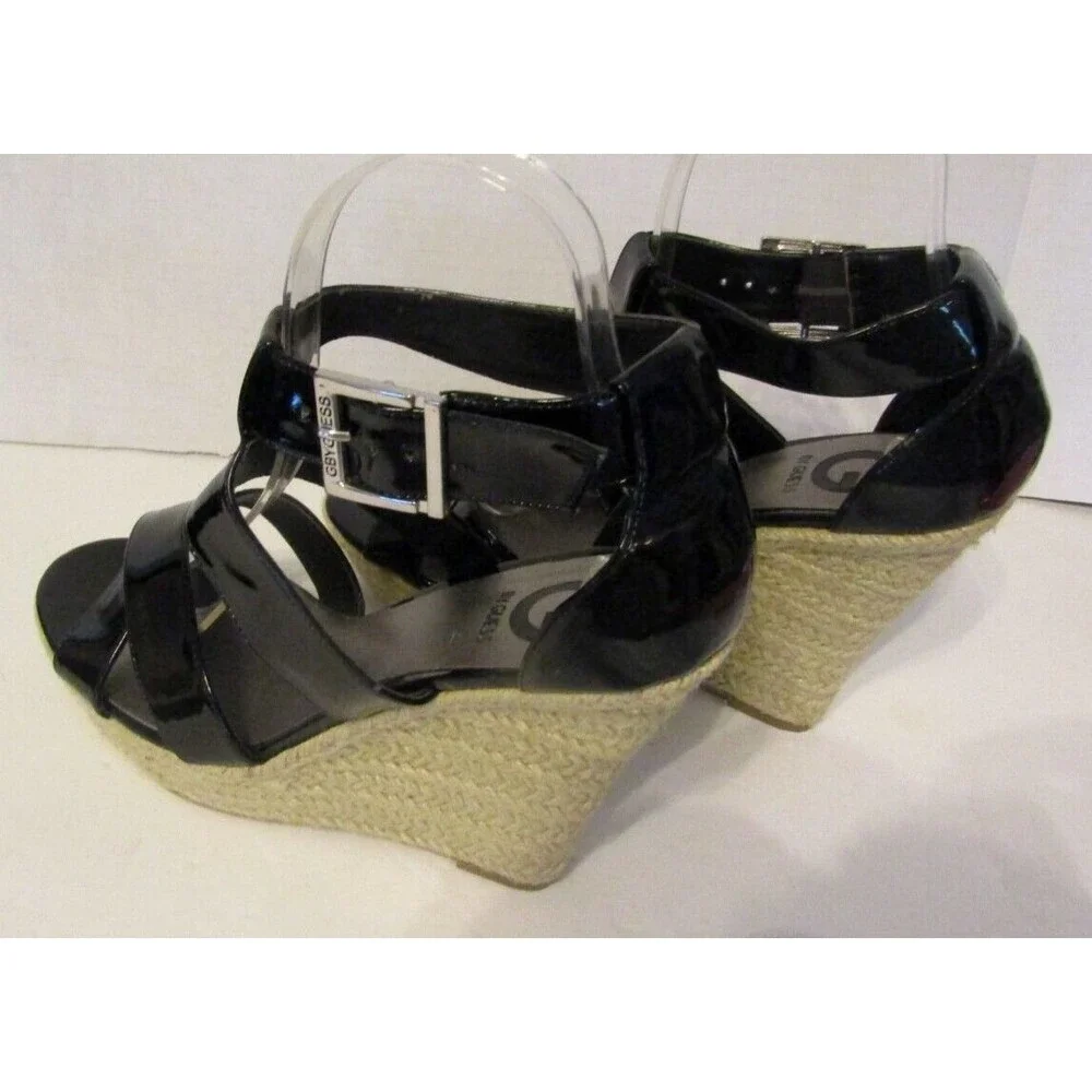 G by GUESS Black Patent Espadrille Wedge Sandals Ankle Strap Sz 8M